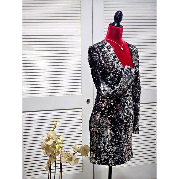 NWT Rachel Zoe Women's Muse Silver/Black Sequin Party Prom Mini Dress Sz 0 2214 - Picture 3 of 14